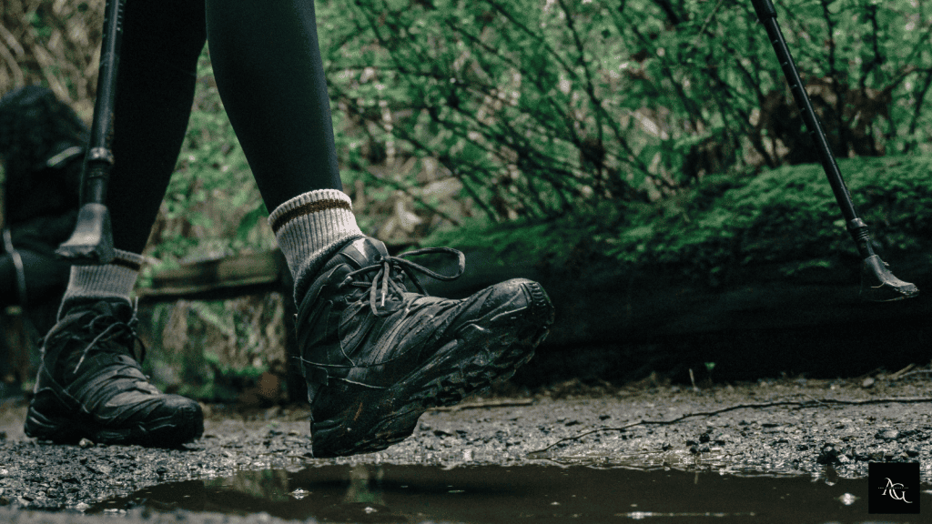 Hiking boots shown on a trail